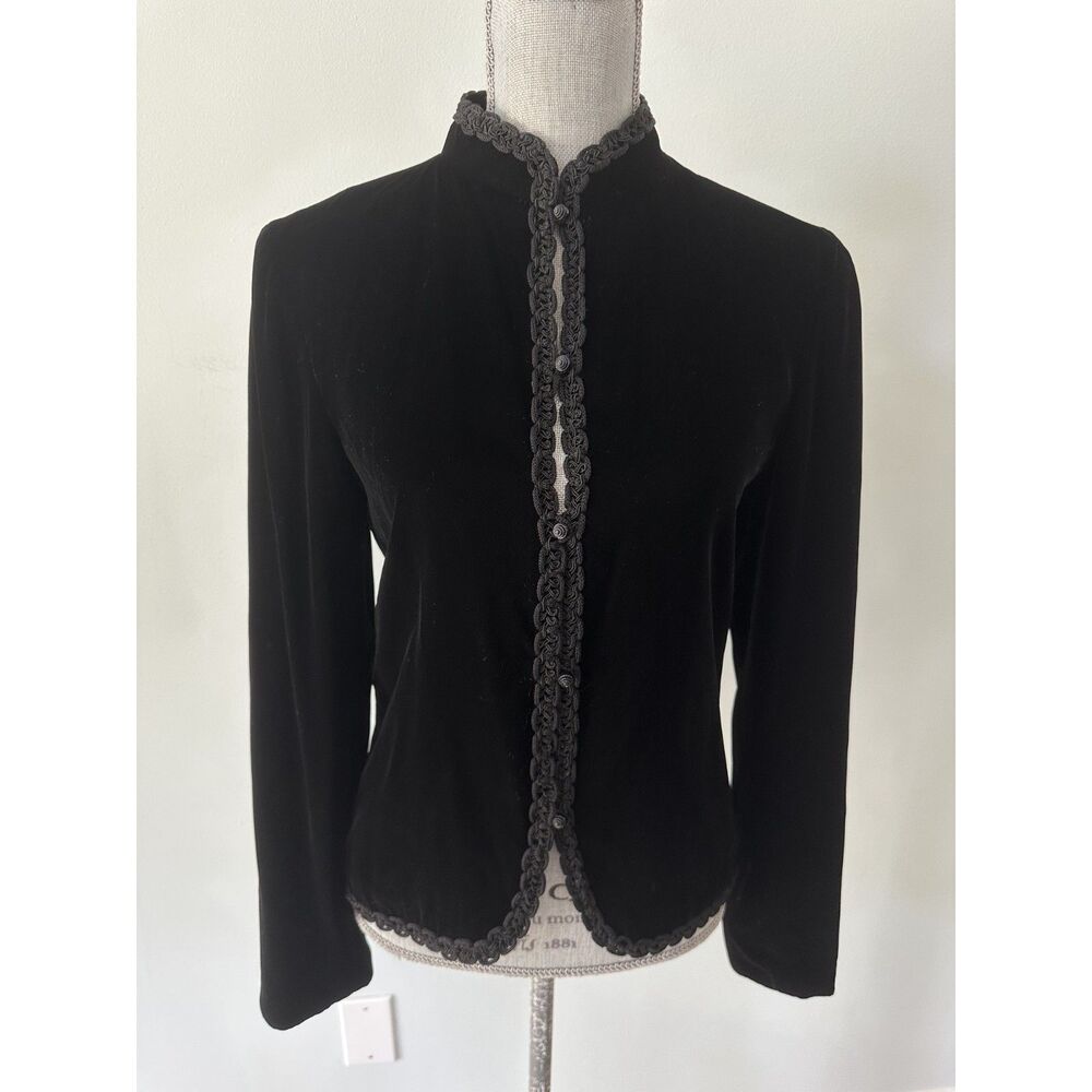 Vintage Black Velvet Jacket Braided Trim Mandarin Collar Gothic Blazer size M